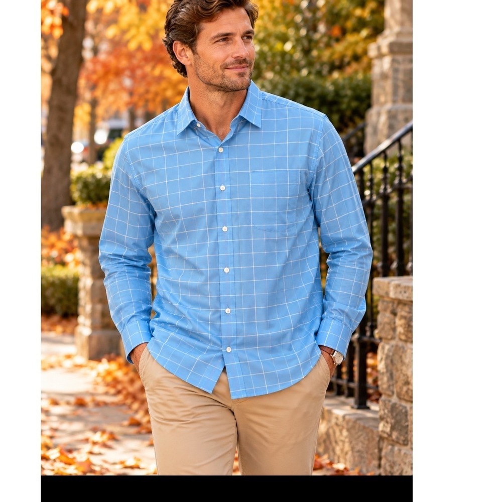 Peter Millar Crown Soft Blue Windowpane Plaid Cotton Silk Shirt Mens XL